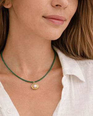18 karat gold plated necklace featuring beads and a striking Japanese pearl pendant - ELLY
