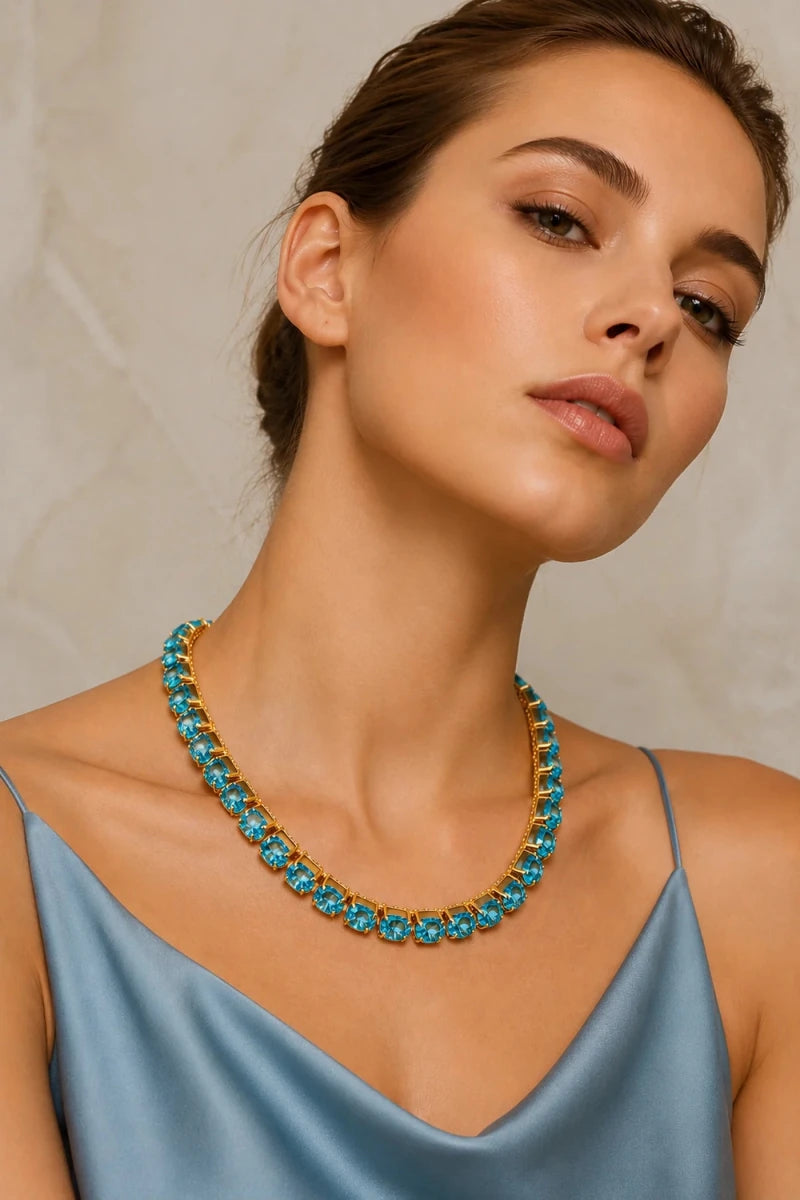 Acqua Marina Crystal Tennis Necklace - ELLY