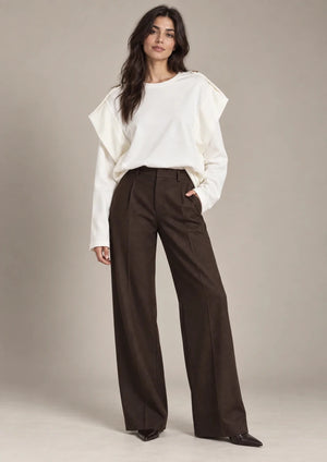 Annabel Panna Shoulder-Detail Sweatshirt, full-length styling view with brown wide-leg trousers