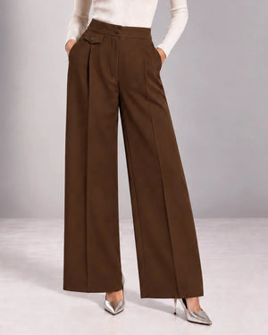 Front detail of the brown Arianna Tabacco wide-leg trousers, showing the button waistband, front pleats and small buttoned flap.