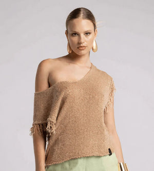 Asymmetrical Fringe Knit Top – Caramello - ELLY