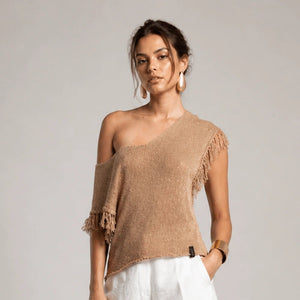 Asymmetrical Fringe Knit Top – Caramello - ELLY