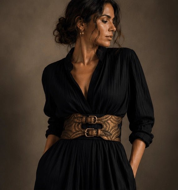 Black & Bronze Sculpted Leather Waist Belt - ELLY
