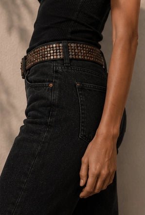 Black Leather Belt with Mixed Metal Stud Detailing - ELLY