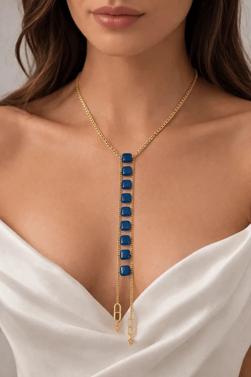 Blue Jade Gold - Plated Double Chain Necklace - ELLY