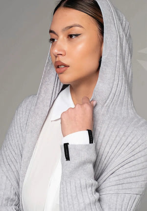 Cardigan lungo con cappuccio a coste grigio - ELLY