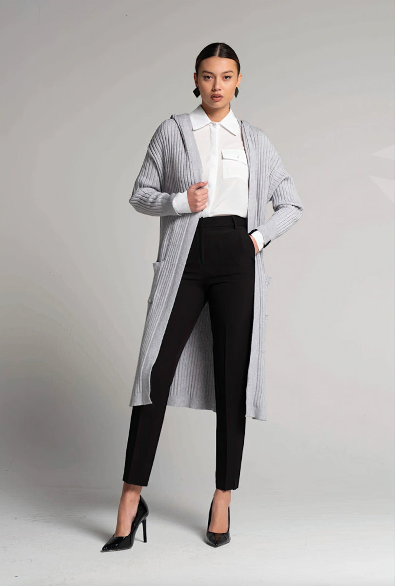Cardigan lungo con cappuccio a coste grigio - ELLY