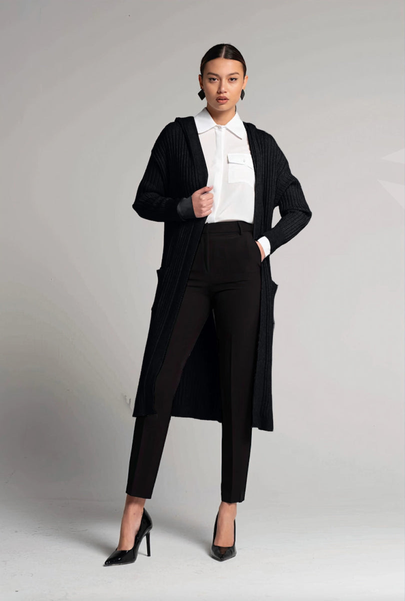 Cardigan lungo con cappuccio a coste nero - ELLY