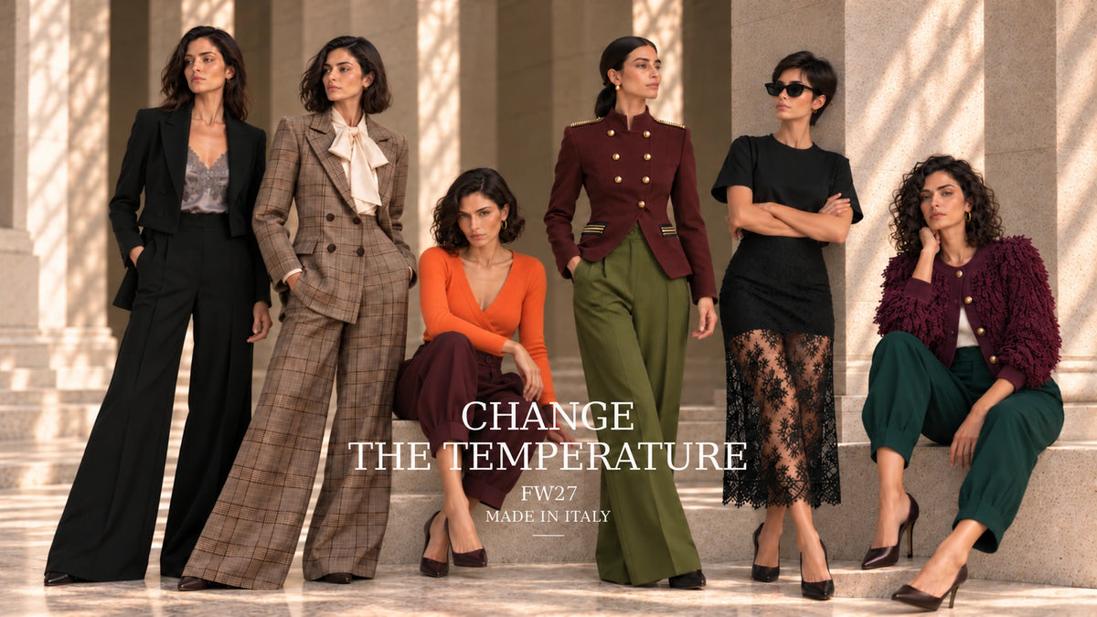 ELLY FW27 campaign: six models in tailored and textured outfits on sunlit stone steps. Text: “Change the Temperature”, “FW27”, “Made in Italy”.