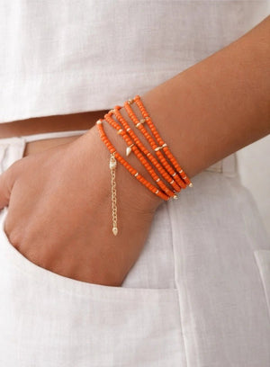 Coral Orange Beaded Convertible Necklace, Bracelet & Belt with Gold Charms - ELLY