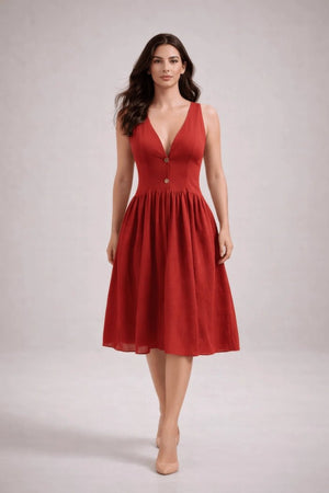 Deep Red Cotton Slub Midi Dress – ELLY - ELLY