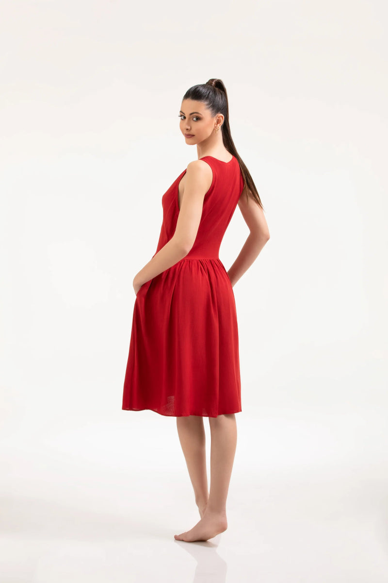 Deep Red Cotton Slub Midi Dress – ELLY - ELLY