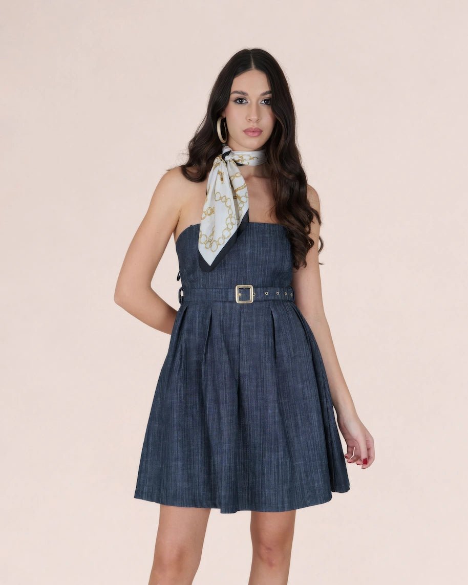 Denim Belted Strapless Mini Dress - ELLY