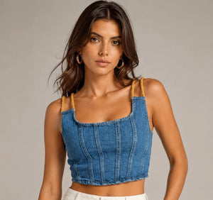 Denim Top with Gold Straps - ELLY
