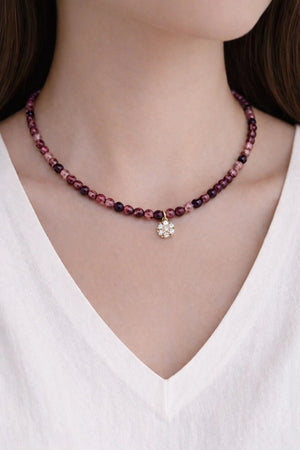 Garnet Beaded Necklace with Zircon Charm – Gold Plated - ELLY