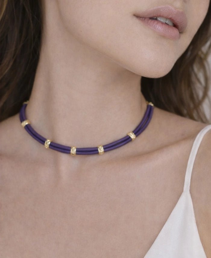 Genuine Leather Choker with 18K Gold - Plated Brass Details – Purple - ELLY