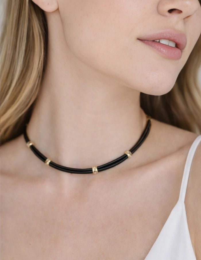 Genuine Leather Double - Strand Choker with Gold - Plated Accents - ELLY