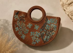 Half - Moon Floral Leather Top Handle Bag – Tan - ELLY