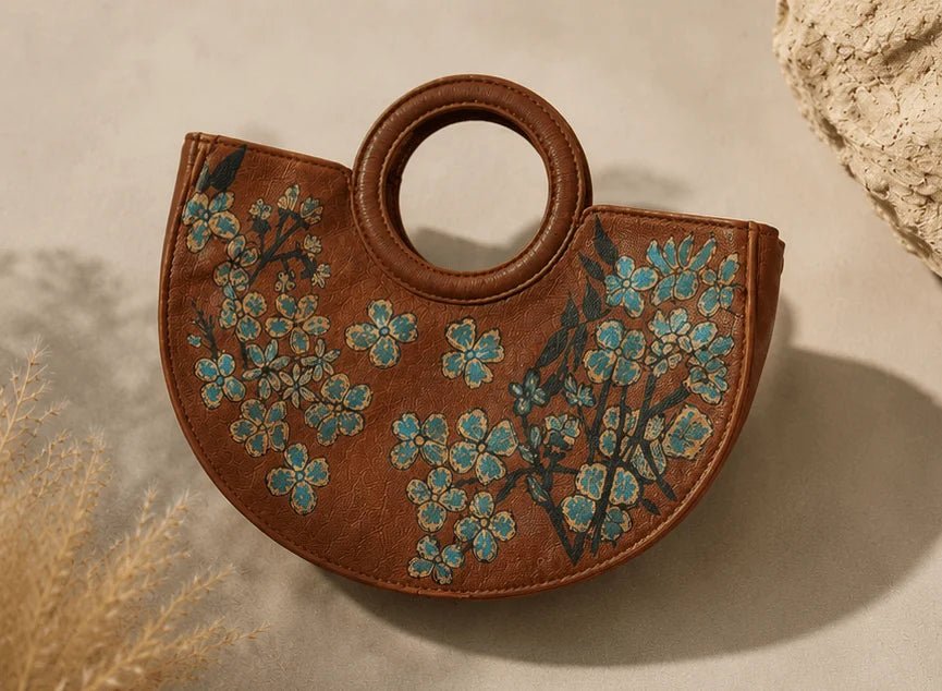 Half - Moon Floral Leather Top Handle Bag – Tan - ELLY