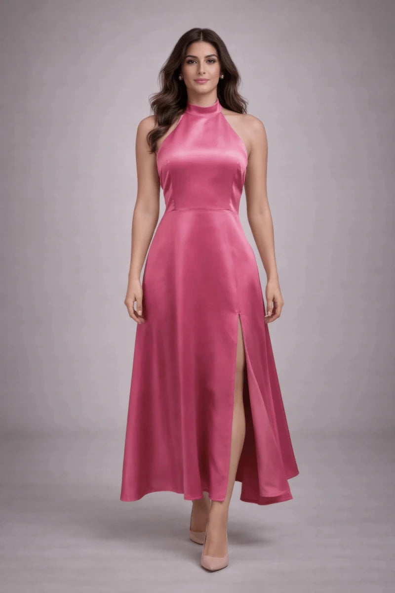 Halter-Neck Satin Midi Dress in Fuchsia – by ELLY