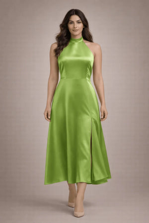 Halter - Neck Satin Midi Dress in Green – by ELLY - ELLY