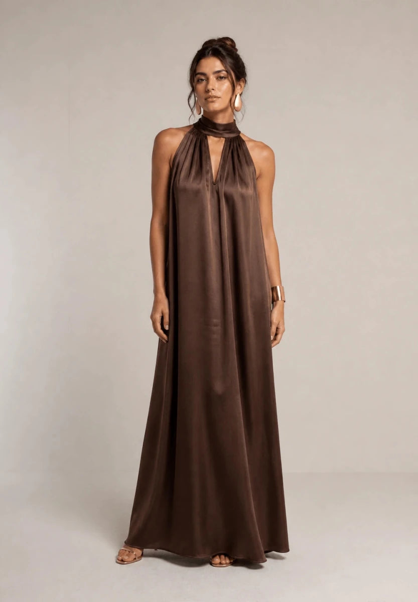 Silk Halter Maxi Dress Marrone