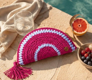 Handmade Fuchsia Crochet Half - Moon Clutch – Pink & White - ELLY
