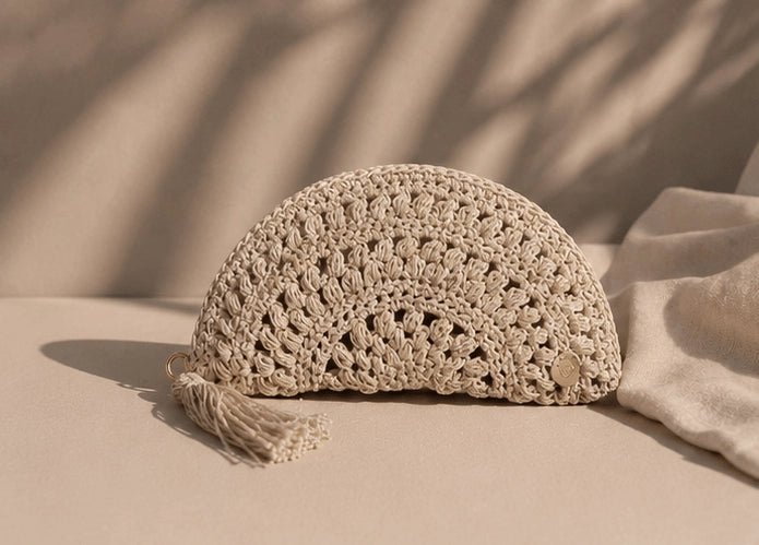 Handmade Ivory Crochet Half - Moon Clutch – Natural Beige - ELLY