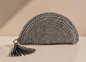Handmade Silver Crochet Half - Moon Clutch – Metallic Grey - ELLY