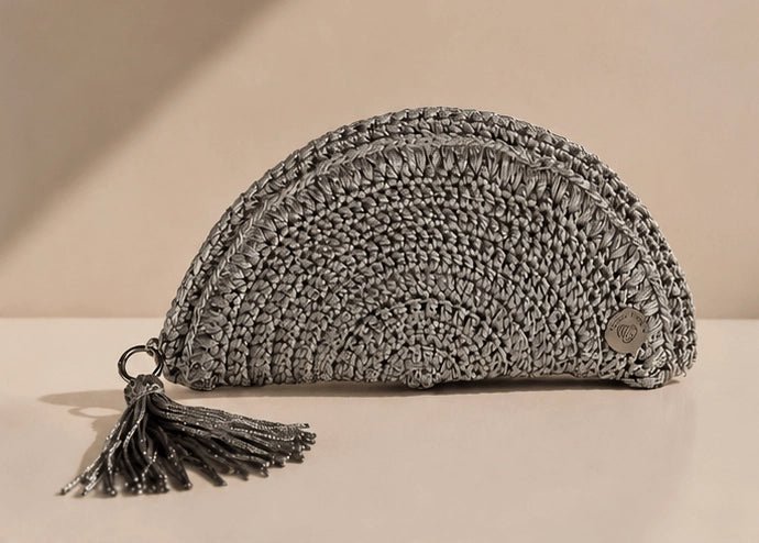 Handmade Silver Crochet Half - Moon Clutch – Metallic Grey - ELLY