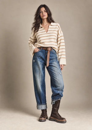 Harper Denim Relaxed Jeans in Denim, full-length view on model emphasizing the jeans