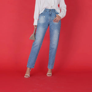 Jeans with Embellished Rhinestones – Denim Azzurro - ELLY