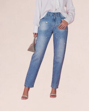 Jeans with Embellished Rhinestones – Denim Azzurro - ELLY