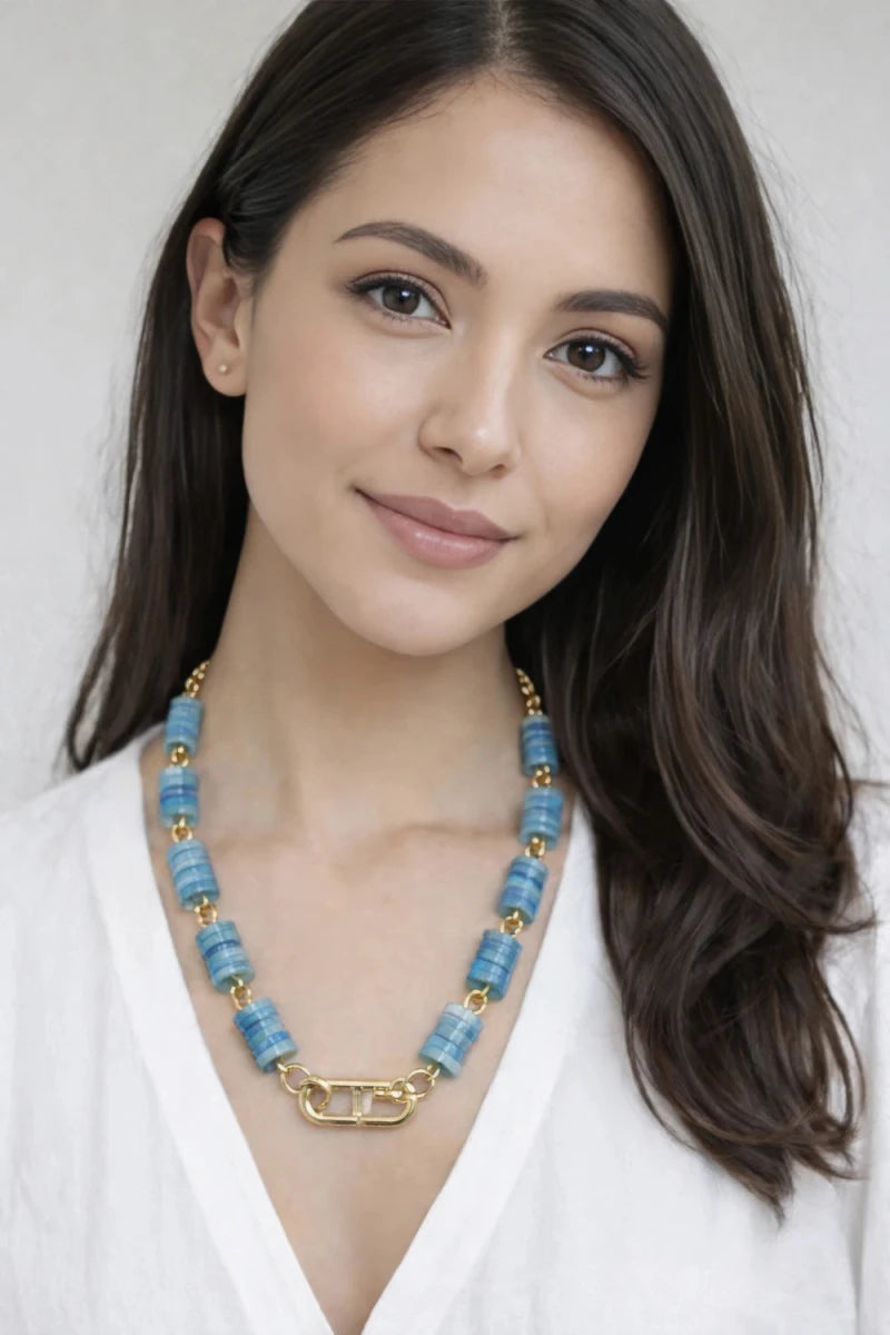 Light Blue Nacre Stone Necklace – Gold Plated - ELLY