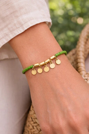 Lime Green Beaded Bracelet with 18 Karat Gold - Plated Coin Charms - ELLY