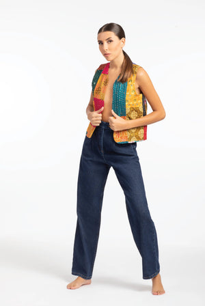 Limited Edition Handmade Cotton Patchwork Vest - Multicolor Kantha - ELLY