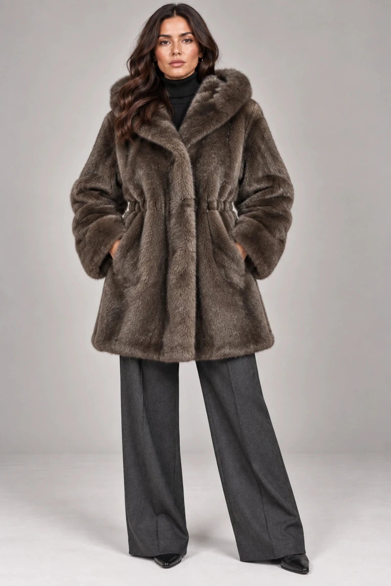 Luxora Plush Fur Italian Hooded Coat – Moro Visone - ELLY