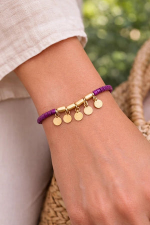 Magenta Beaded Bracelet with 18 Karat Gold - Plated Coin Charms - ELLY