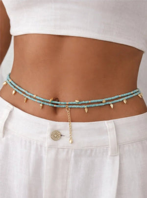 Mint Turquoise Beaded Convertible Necklace, Bracelet & Belt with Gold Charms - ELLY