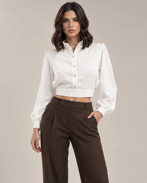 Mirella cropped shirt in Bianco Seta, product detail, Made in Italy
