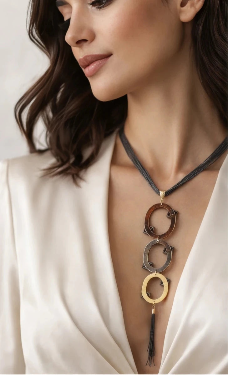 Mixed - Metal Geometric Pendant Necklace - ELLY
