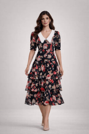 Modern Romance Floral Chiffon Midi Dress - ELLY