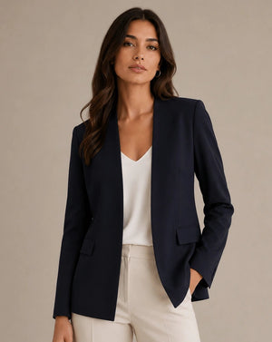 Navy Blue Open Front Linen Blazer - ELLY