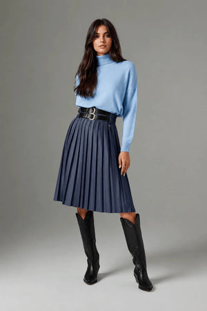 Navy Blue Pleated Double Waist Skirt - ELLY