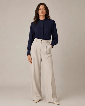 Navy Blue Scalloped Trims Shirt - ELLY