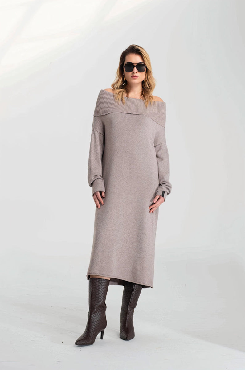 Off - Shoulder Ribbed Knit Midi Dress – Tortora - ELLY