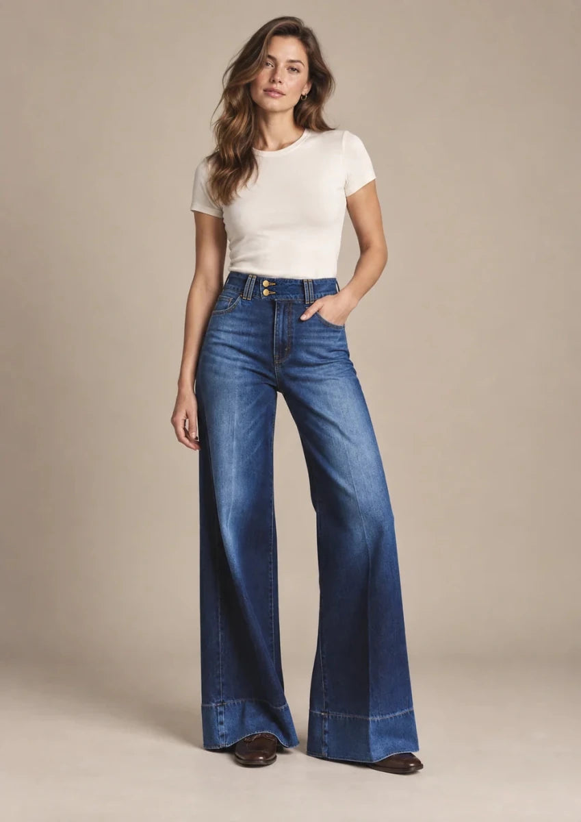 Full-length front view of blue Paola wide-leg jeans with a two-button waistband, styled with an ivory T-shirt.