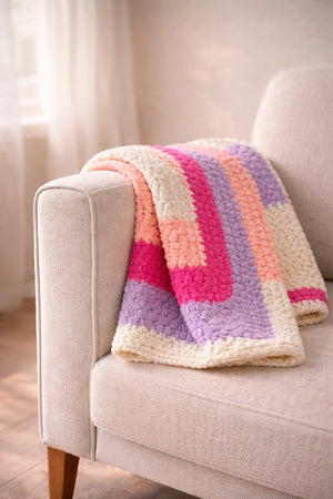 Pastel Harmony Handmade Blanket – Cream, Pink & Lilac - ELLY