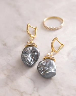 Pearl baroque stone earrings, featuring 18 karat gold plated design and zircon ornaments - ELLY