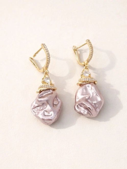 Pearl baroque stone earrings, featuring 18 karat gold plated design and zircon ornaments - ELLY